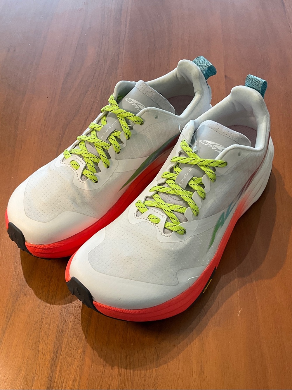 Mont Blanc speAltra White Athletic Shoes with Neon Green Laces and Coral sample